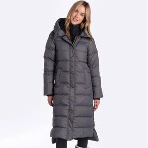 Lolë long Puffer Coat in Magnet Gray, 700 fill down, long puffer parka coat